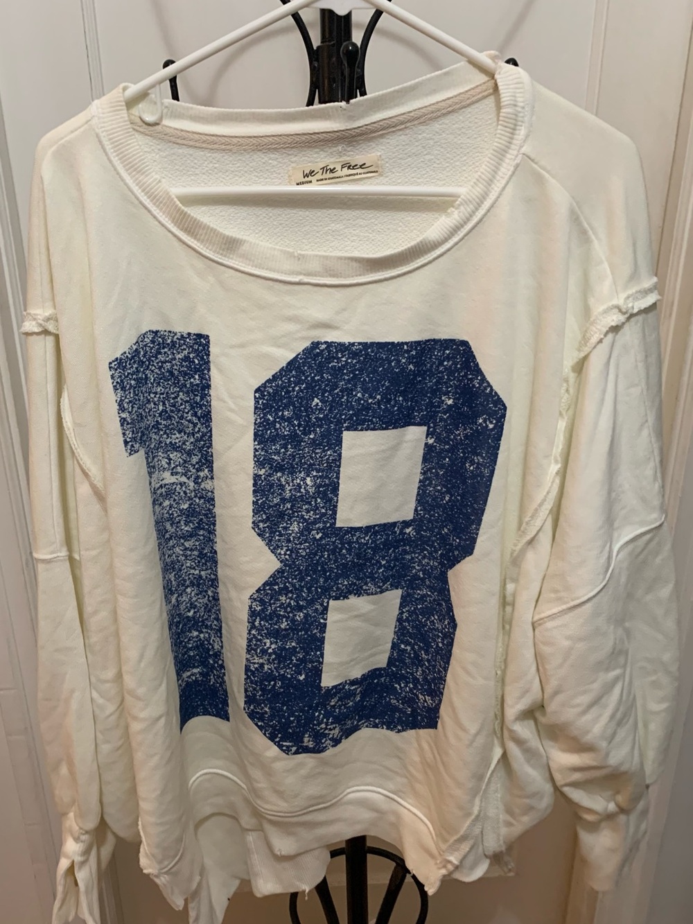 We The Free Cream Sweatshirt with Distressed Blue '18' Graphic Size Medium